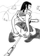 drawing giantess upskirt monochrome black_hair long_hair train smiling socks sitting uniform spread_buttcheeks vorrorart