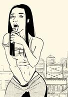 drawing masturbation city monochrome black_hair long_hair licking buildings muscles looking_up outdoors vorrorart