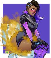 drawing blushing large_breasts embarrassed sitting fart toilet looking_down big_butt thick_thighs no_background overwatch swampyart