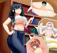 drawing black_hair color blue_eyes cleavage pink_hair red_hair shrunken_man shrunken_women clothing_entrapment between_breasts kentaryu