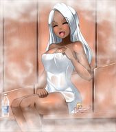 drawing white_hair blonde color butt_crush sitting shrunken_person towel closed_eyes sauna steam razorkun