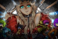 giantess city blonde long_hair destruction buildings huge_breasts breast_crush smiling short_hair looking_down outdoors choker earrings running_away