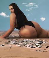 giantess collage black_hair long_hair buildings desert bbw outdoors tattoo looking_back big_butt tekitocreations