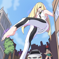 drawing giantess pokemon feet blushing blonde black_hair color long_hair butt toes barefoot buildings soles anime green_eyes low_angle smiling standing vehicles thighs outdoors sky trees herretik looking_at_tiny mizuki lusamine_(pokemon)