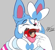 drawing pokemon vore furry anthro black_hair color tongue clothed bunny cleavage blue_hair gloves short_hair fangs shrunken_woman open_mouth inside_mouth hat unwilling commission imminent_vore magician t-bone no_background robomax sylveon atrocityatwork angel-the-catgirl