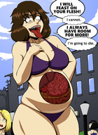 drawing giantess vore large_breasts long_hair saliva brunette sweat bbw looking_down open_mouth dialogue sharp_teeth leswaet mass_vore