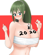 drawing blushing long_hair cleavage huge_breasts green_hair ponytail looking_down painting no_background on_breasts sweat_drop