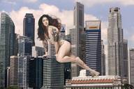 giantess collage panties city barefoot bra brunette tattoo leaning_on_building tekitocreations