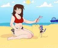 drawing gentle tail color swimsuit beach barefoot green_eyes blue_hair brunette shrunken_woman cat_girl flag sandcastle giantesssabs lemoneidos