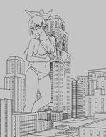 bikini drawing giantess city monochrome destruction cleavage leaning_against_building looking_at_viewer larxgts