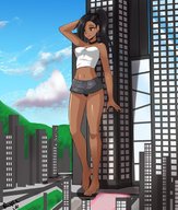 drawing giantess panties city upskirt black_hair color long_hair barefoot ponytail dark_skin bare_midriff rupie