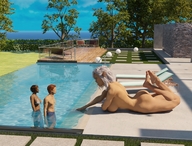 bikini giantess white_hair nude brunette lying_down pool looking_at_tiny digital_render vardyger