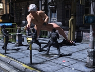 white_hair nude gun short_hair mini_giantess muscles fighting outdoors pointed_ears digital_render vardyger