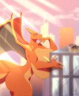 drawing giantess pokemon nude dragoness tail wings anthro city color butt buildings huge_breasts purple_eyes standing commission scalie thick_thighs charizard orange_skin pinkkatfox knoem chari-gal pressing_against_building
