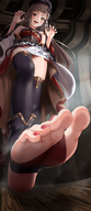 drawing crush feet upskirt color long_hair clothed toes barefoot soles anime ribbon brunette low_angle yellow_eyes dress shrunken_man open_mouth red_nails jewelry braid thigh_highs raised_foot running_away imminent_crush looking_at_tiny beret rakia