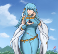 drawing giantess blushing large_breasts long_hair blue_hair surprised shrunken_woman looking_down thick_thighs magnaprospekt