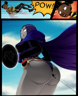 breasts drawing giantess black_hair color large_breasts butt clothed purple_hair low_angle raven teen_titans surprised thighs outdoors cape top belt leotard hood dc_comics between_buttcheeks bare_legs grey_skin ravenravenraven bumblebee