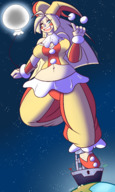drawing giantess giga blonde space large_breasts long_hair clothed planet smiling balloon theenglishgent bare_midriff jester