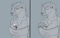 drawing furry anthro monochrome armor clothed cleavage finger hyena unknown_artist shrunken_man corset smothering annoyed between_breasts