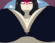 drawing blushing black_hair color large_breasts bra low_angle unknown_artist shrunken_woman looking_down inside_clothing hanging_on source_needed
