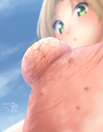 drawing giantess micro blushing blonde color long_hair green_eyes climbing looking_down hanging_on on_nipple looking_at_tiny miton