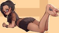 drawing blushing black_hair long_hair clothed toes barefoot skirt soles ponytail lying_down shrunken_man on_foot no_background k-rha