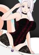 drawing tail color large_breasts saliva purple_hair purple_eyes bondage lingerie shrunken_woman looking_down femdva