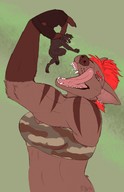 drawing vore furry wolf anthro color tongue handheld bra saliva gloves red_hair muscles shrunken_man open_mouth dangle mohawk earrings imminent_vore sharp_teeth deviantpig