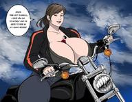 drawing long_hair huge_breasts brunette sitting shrunken_man motorcycle thick_thighs osmar-shotgun between_breasts