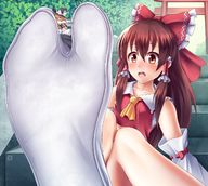 blushing long_hair touhou brunette sitting surprised shrunken_woman between_toes marisa_kirisame reimu_hakurei tabi_socks thunderafterdark
