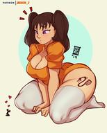 drawing giantess large_breasts cleavage brunette sitting surprised twintails looking_down tattoo leotard thick_thighs no_background seven_deadly_sins diane_(seven_deadly_sins) tirrellda