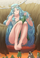 drawing giantess color long_hair blue_eyes barefoot blue_hair knights legs crown thighs cape looking_at_tinies queen_boudica radiant kuroihassan