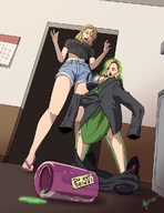 drawing nude blonde long_hair surprised shrunken_woman looking_down indoors flip_flops shrinking_out_of_clothes zerohour99