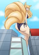 bikini drawing giantess tail city blonde long_hair buildings looking_down outdoors big_butt multiple_tails dinobirdofdoom