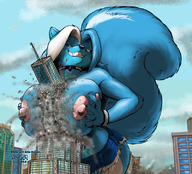 breasts drawing nipples giantess furry tail anthro city color large_breasts destruction rampage buildings breast_crush topless grinning purple_eyes blue_skin vinca short_shorts collar outdoors squeezing multicolored_hair robomax