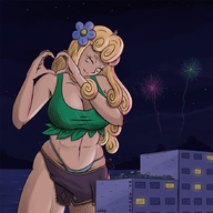 breasts giantess city mega blonde large_breasts long_hair cleavage buildings smiling flower outdoors fireworks closed_eyes crowds on_head flower_in_hair bare_midriff hpzoner