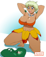 drawing masturbation blonde color huge_breasts shoes smiling short_hair shrunken_man looking_down earrings jungle_de_ikou skull skimpy_clothing spokle mii_(jungle_de_ikou) bare_midriff