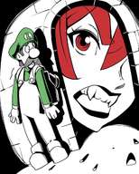 drawing giantess color red_hair nintendo hiding luigi super_mario video_game looking_through_the_window doorway looking_around_corner bowsette nisego