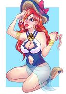 drawing vore long_hair tongue clothed cleavage red_hair kneeling shrunken_woman open_mouth hat earrings no_background