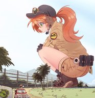 drawing gentle giantess color long_hair butt clothed shoes yellow_eyes smiling red_hair squatting shorts looking_down sunglasses vehicles outdoors hat trees fence megaphone orange_hair cap headset jurassic_park bare_legs ncmares yohomeboync yohomeboyraps park_ranger hand_on_knee jenn_(ncmares)