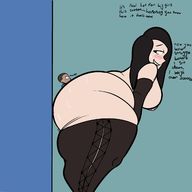 drawing blushing huge_breasts sweat mini_giantess bending_over looking_back big_butt dialogue thick_thighs no_background stackbeef