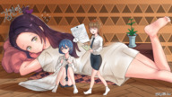 drawing giantess upskirt black_hair long_hair toes barefoot soles blue_hair brunette smiling lying_down short_hair sitting looking_down indoors legs_spread kindaichi109