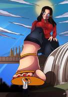 drawing giantess long_hair brunette smiling sandals shrunken_man looking_down pinned outdoors raised_foot microtinyjim miling