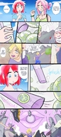 drawing vore comic cleavage story pink_hair red_hair short_hair drinking cup dialogue panels