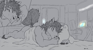 drawing gentle giantess nude furry anthro monochrome text handheld cleavage bed horse lying_down hugging indoors dialogue looking_at_tiny holmen utoverse