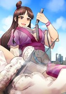 drawing growth giantess feet city black_hair color large_breasts buildings huge_breasts train brown_eyes smiling ace_attorney tabi_socks maya_fey topknot