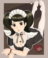 drawing vore black_hair color smiling lying_down twintails shrunken_man looking_down maid_uniform inside_stockings cutaway between_breasts persona_5 haru_okumura sadayo_kawakami khalcifieron ren_amamiya ann_takamaki