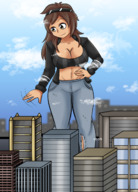 drawing city long_hair clothed cleavage buildings brunette smiling looking_down sunglasses outdoors dinobirdofdoom bare_midriff