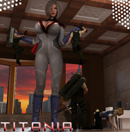 giantess blonde large_breasts cleavage gun superhero short_hair indoors titania rfd_comics jackofbullets