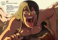 drawing giantess black_hair large_breasts long_hair cleavage saliva crawling open_mouth imminent_vore pedroruizart